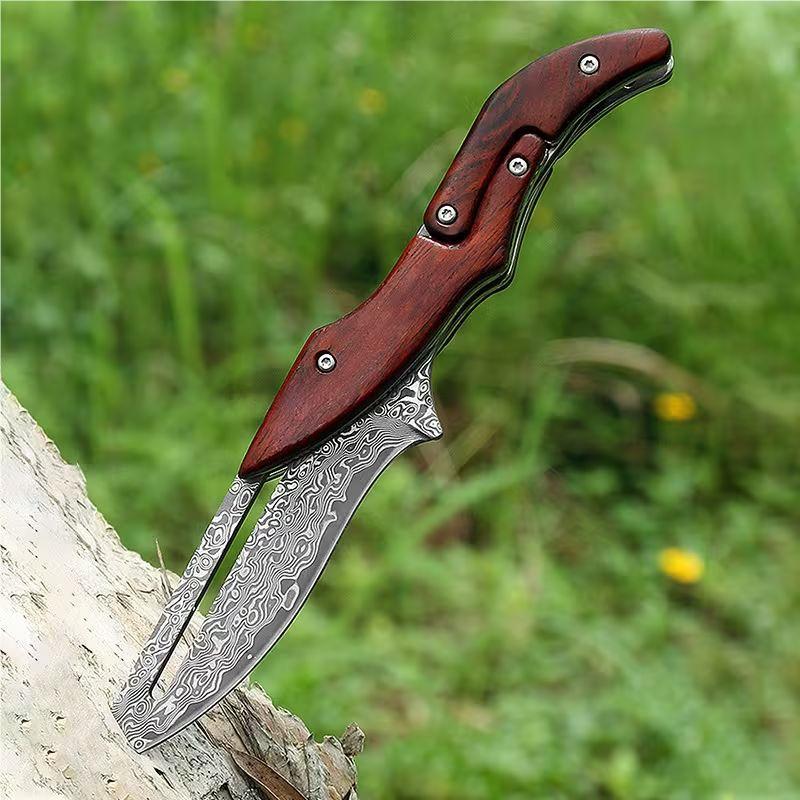 Damascus Steel Folding Knife with Wood Handle - Mechanical Magic Pocket Knife
