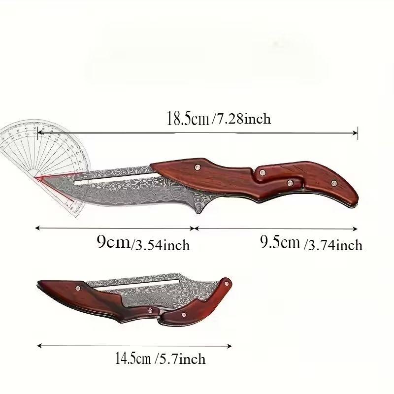 Damascus Steel Folding Knife with Wood Handle - Mechanical Magic Pocket Knife
