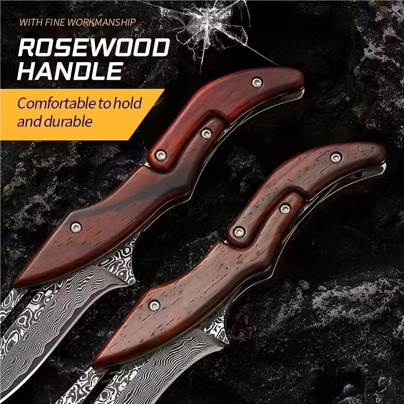 Damascus Steel Folding Knife with Wood Handle - Mechanical Magic Pocket Knife