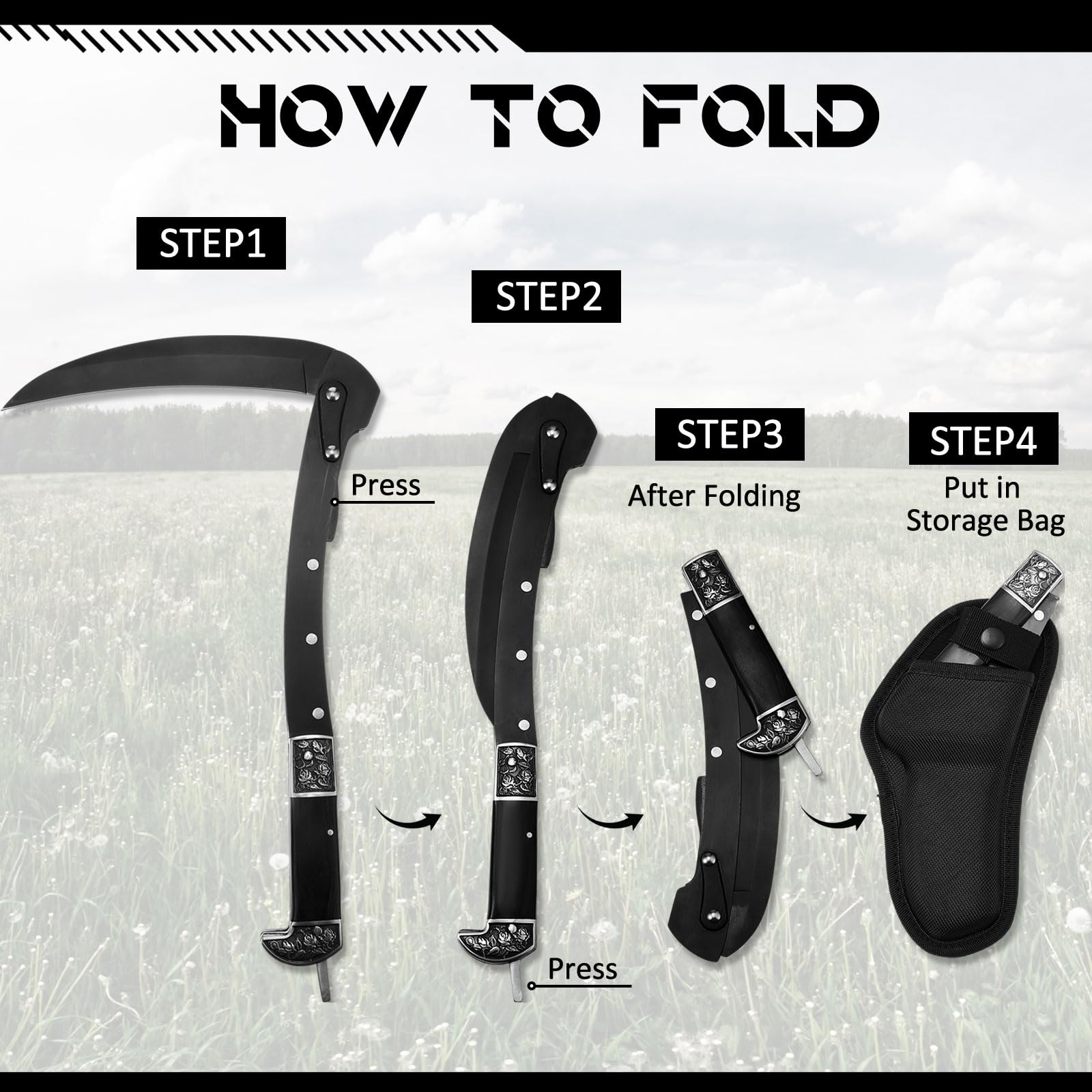 BLACK PORTABLE SHEATHED SHARP FOLDING SICKLE – BoxKatana