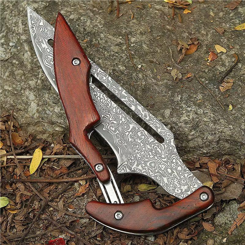 Damascus Steel Folding Knife with Wood Handle - Mechanical Magic Pocket Knife