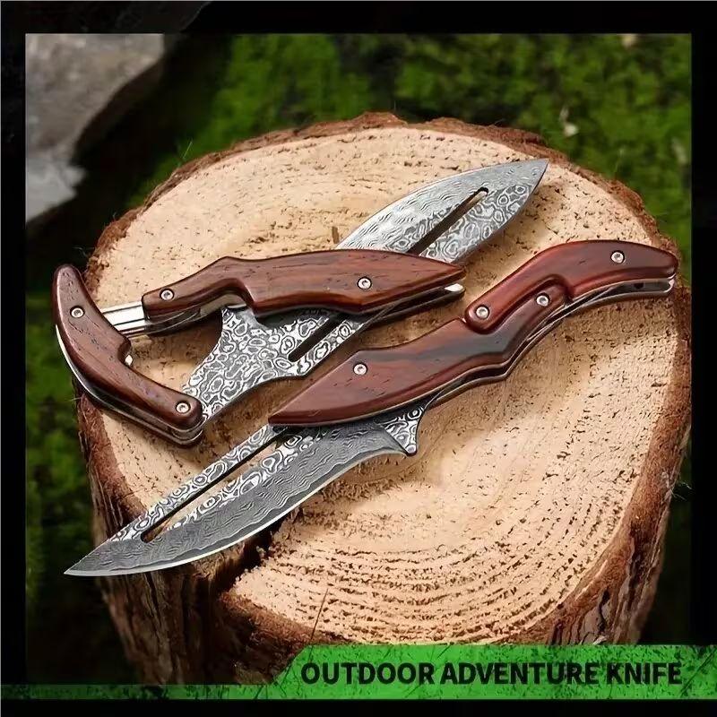 Damascus Steel Folding Knife with Wood Handle - Mechanical Magic Pocket Knife