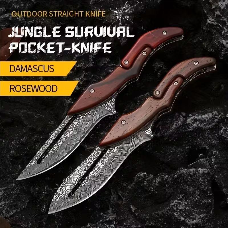 Damascus Steel Folding Knife with Wood Handle - Mechanical Magic Pocket Knife