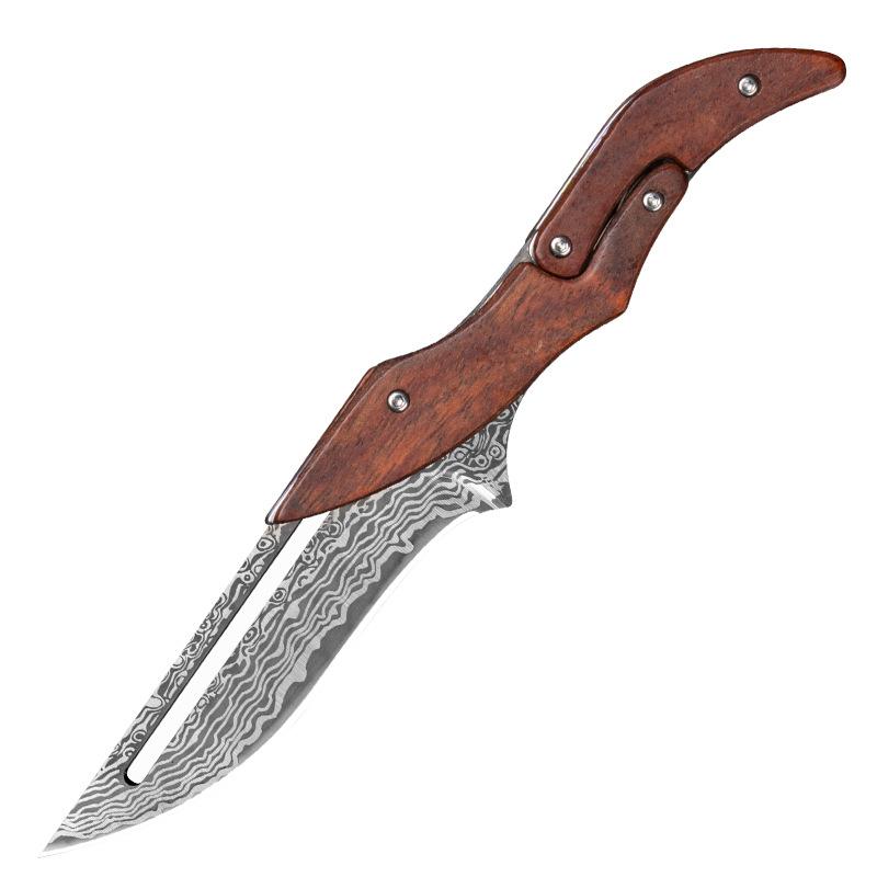Damascus Steel Folding Knife with Wood Handle - Mechanical Magic Pocket Knife