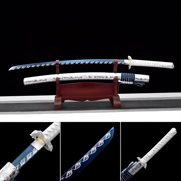 boxkatana Hand Forged Japanese Samurai Katana Fall Moon Sword 9260 SPpring Steel Roasted blue engraving on the blade