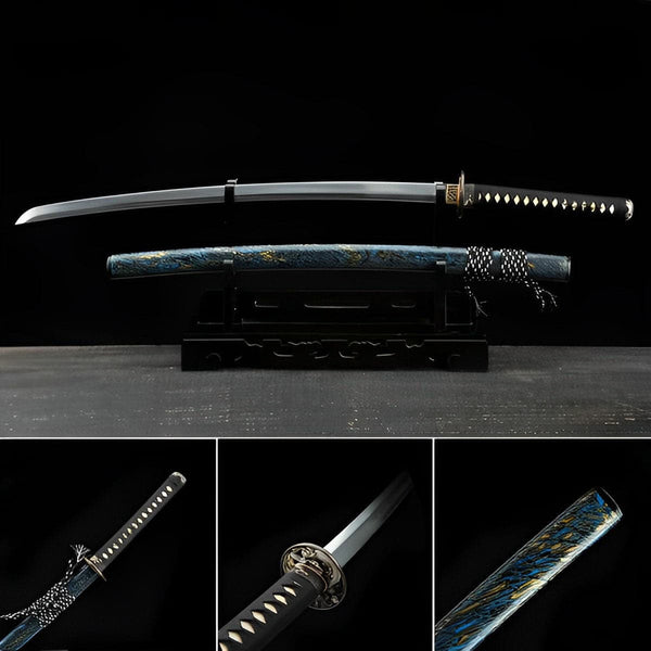 boxkatana Hand Forged Japanese Samurai Katana Green Dragon Blade Plate Pattern Steel Blue
