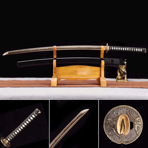 boxkatana Hand Forged Japanese Samurai Katana Trefoil 1060 High Manganese Steel Baked gold blades