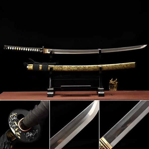 boxkatana Hand Forged Japanese Samurai Katana Yama T8 carbon tool steel Yellow engraved knife sheath
