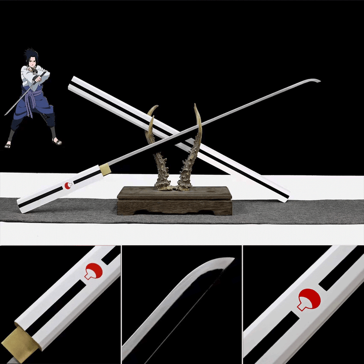boxkatana White Handmade Anime NARUTO Sasuke Kusanagi-No-Tsurugi Sword Shirasaya Ninja Sword Spring Steel Black Blade