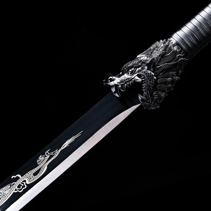 boxkatana Handmade Dragon Battle Blade Manganese Steel Chinese Sword Black & White