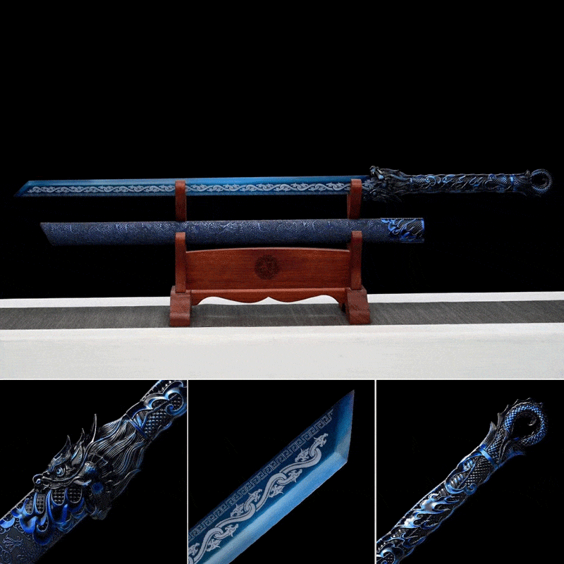 boxkatana Handmade Dragon Flame Battle Blade Chinese Sword With Blue Blade
