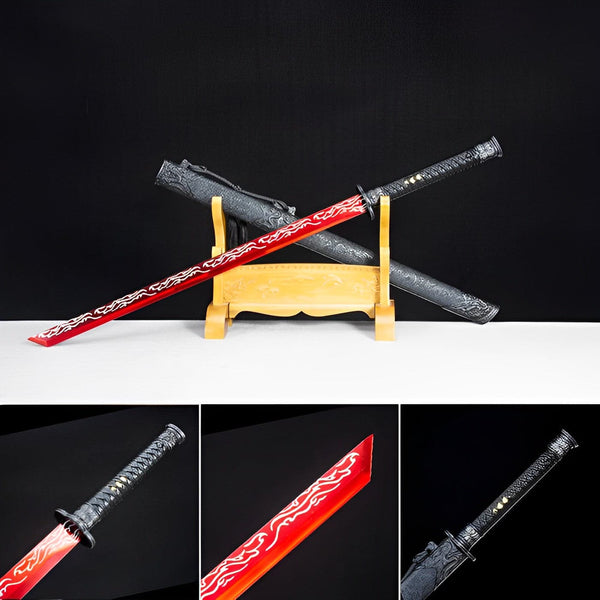 boxkatana Handmade High Manganese Steel Red Flame Chinese Sword With Red Blade