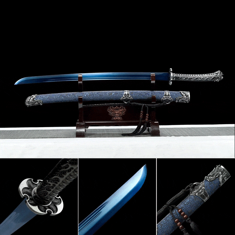 boxkatana Blue Handmade One Body Yellow Dragon Baked gold blades