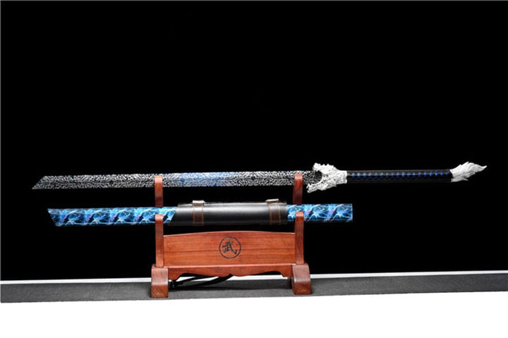 boxkatana Handmade Silver Moon Wolf King High Manganese Steel Chinese Sword With Baked Blue Blade