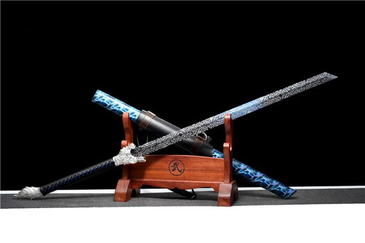 boxkatana Handmade Silver Moon Wolf King High Manganese Steel Chinese Sword With Baked Blue Blade