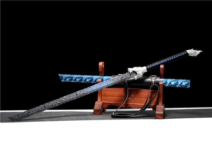 boxkatana Handmade Silver Moon Wolf King High Manganese Steel Chinese Sword With Baked Blue Blade