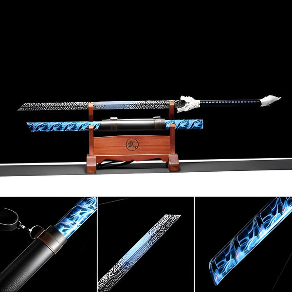 boxkatana Handmade Silver Moon Wolf King High Manganese Steel Chinese Sword With Baked Blue Blade